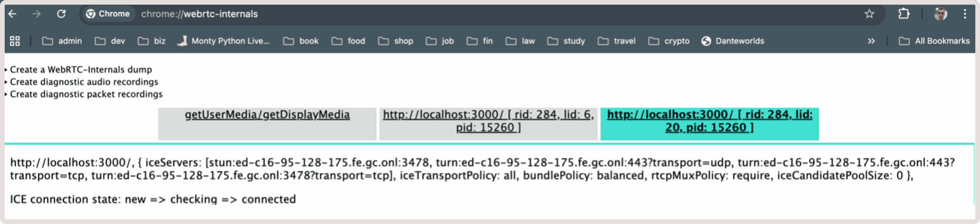 Example of servers check in Chome WebRTC internals
