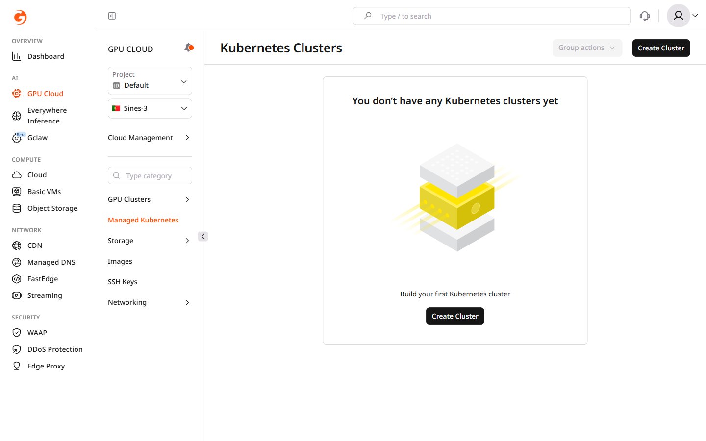 Managed Kubernetes page in GPU Cloud showing the clusters list and Create Cluster button