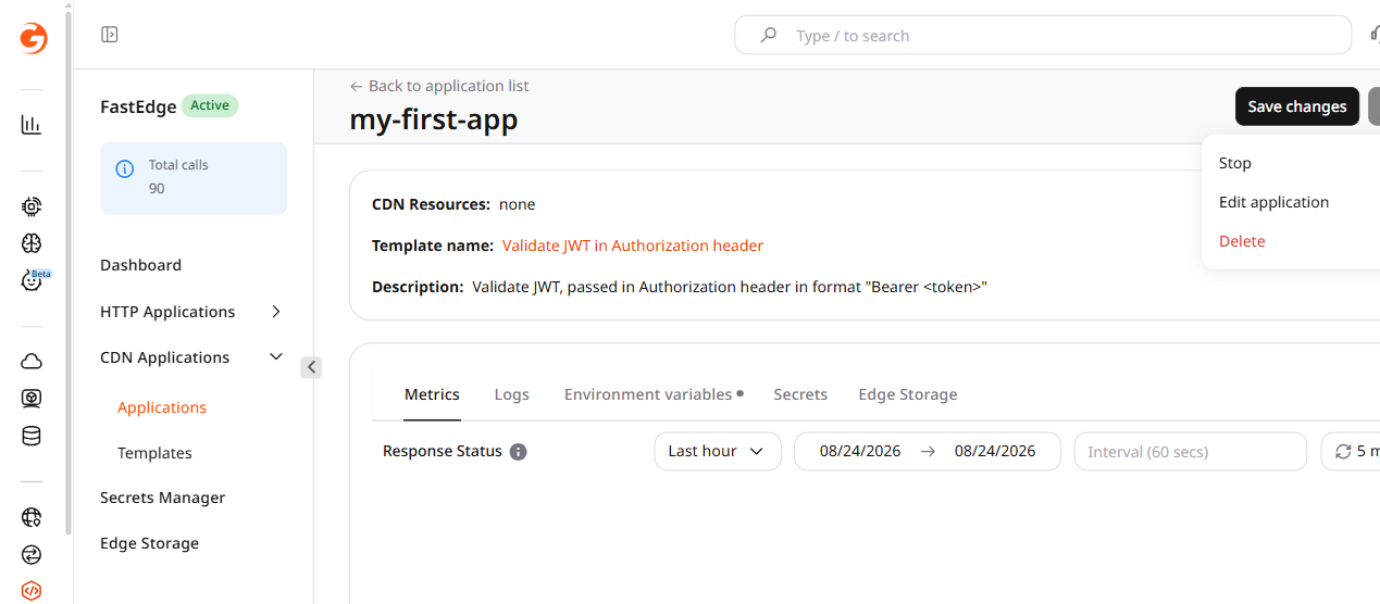Application overview page with Actions menu showing Edit application option