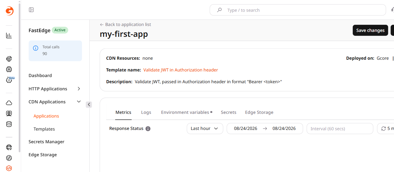 Application overview page showing active status