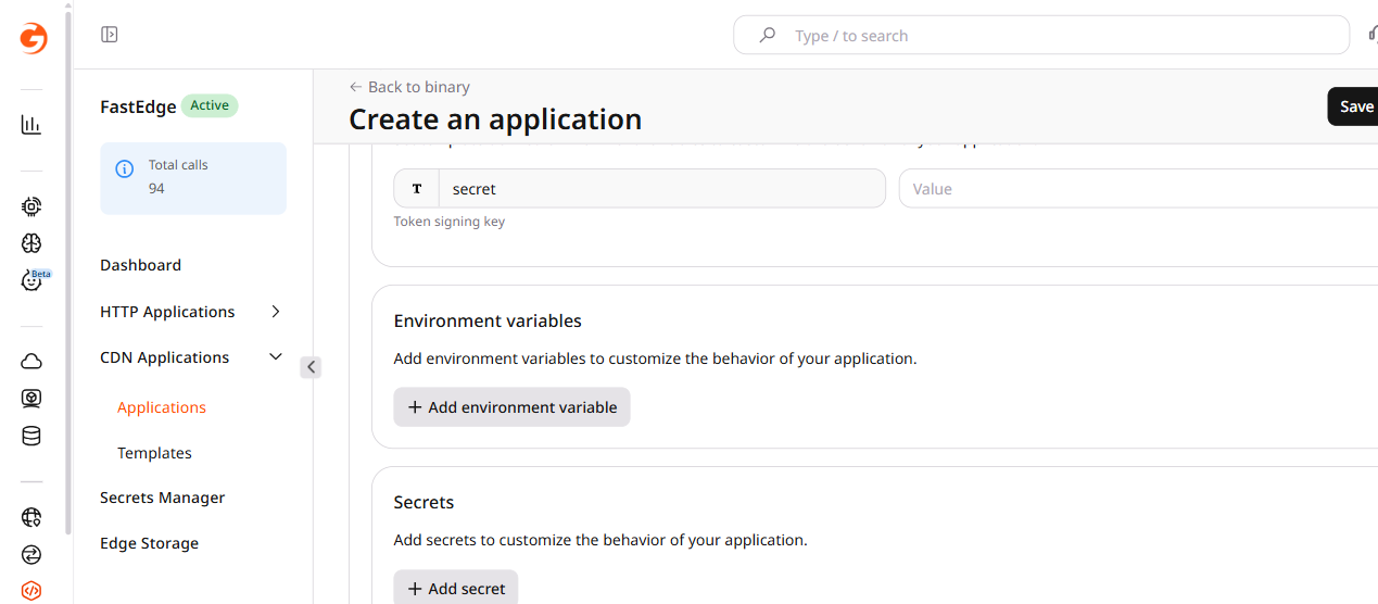 JWT template configuration form with Name, template environment variables, and optional sections