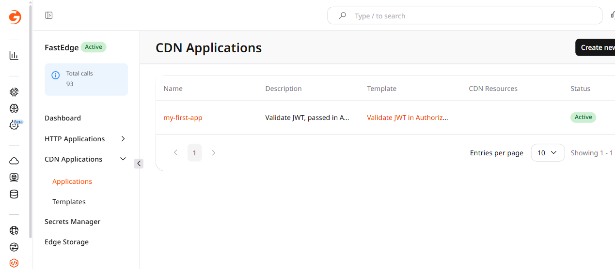 CDN Applications page with Create new application button