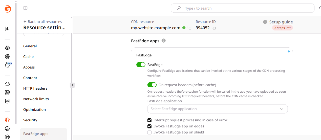 FastEdge apps section with On request headers enabled and application dropdown