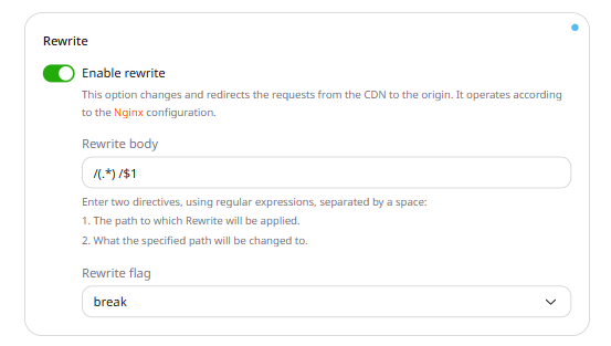 CDN resource Options tab with Rewrite enabled, showing the Rewrite body field and Rewrite flag dropdown
