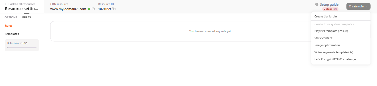 Create rule dropdown showing Create blank rule option and system templates list