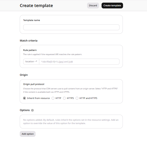 Create template form with Template name, Match criteria, Origin pull protocol, and Options fields