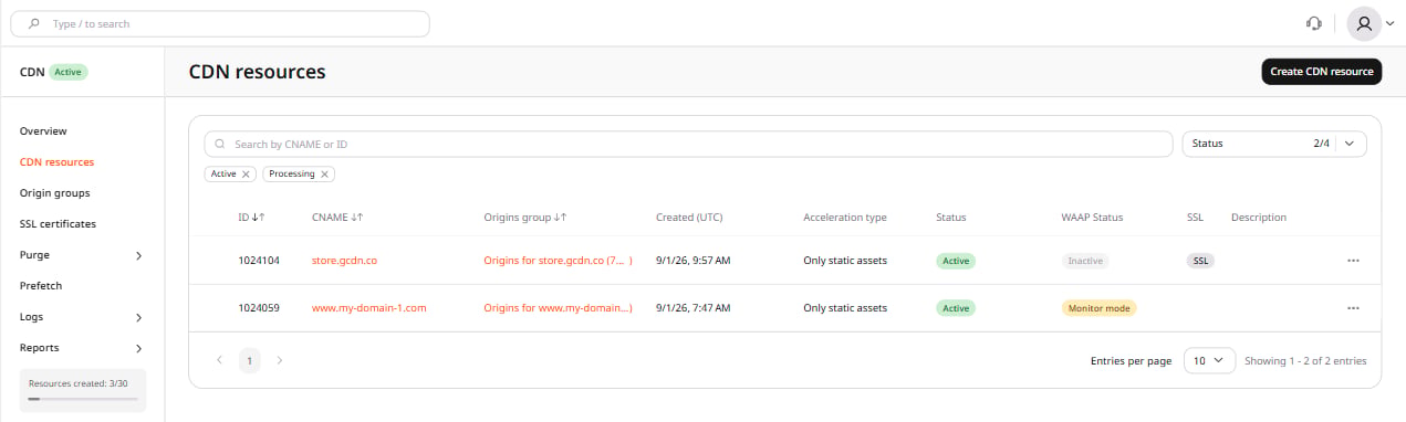CDN resources list with CNAME links