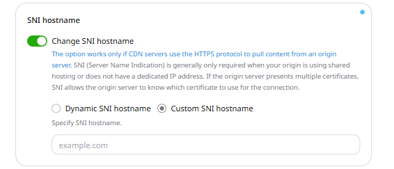 SNI hostname section with Custom SNI hostname selected and Specify SNI hostname input field visible