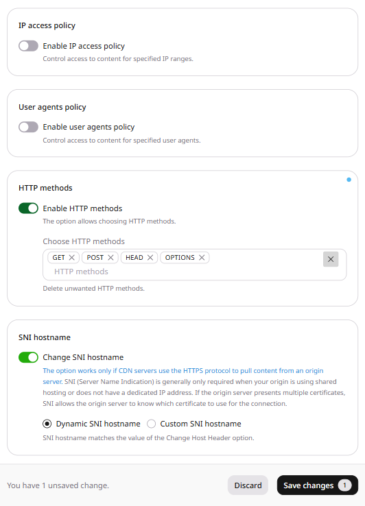 HTTP methods section with Enable HTTP methods toggle on and selected methods shown