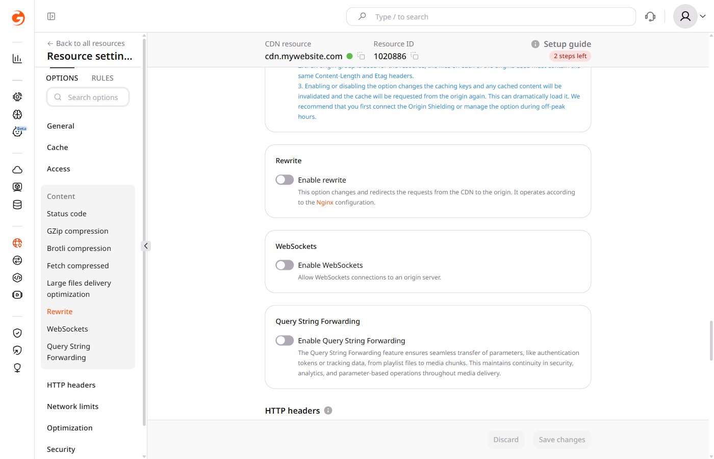 WebSockets toggle inside the Content section of CDN resource settings