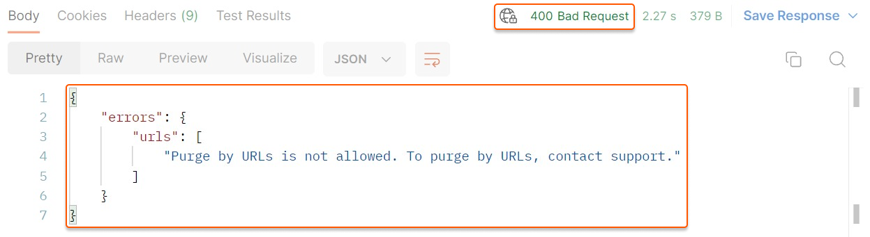 Postman showing error response with status code and description
