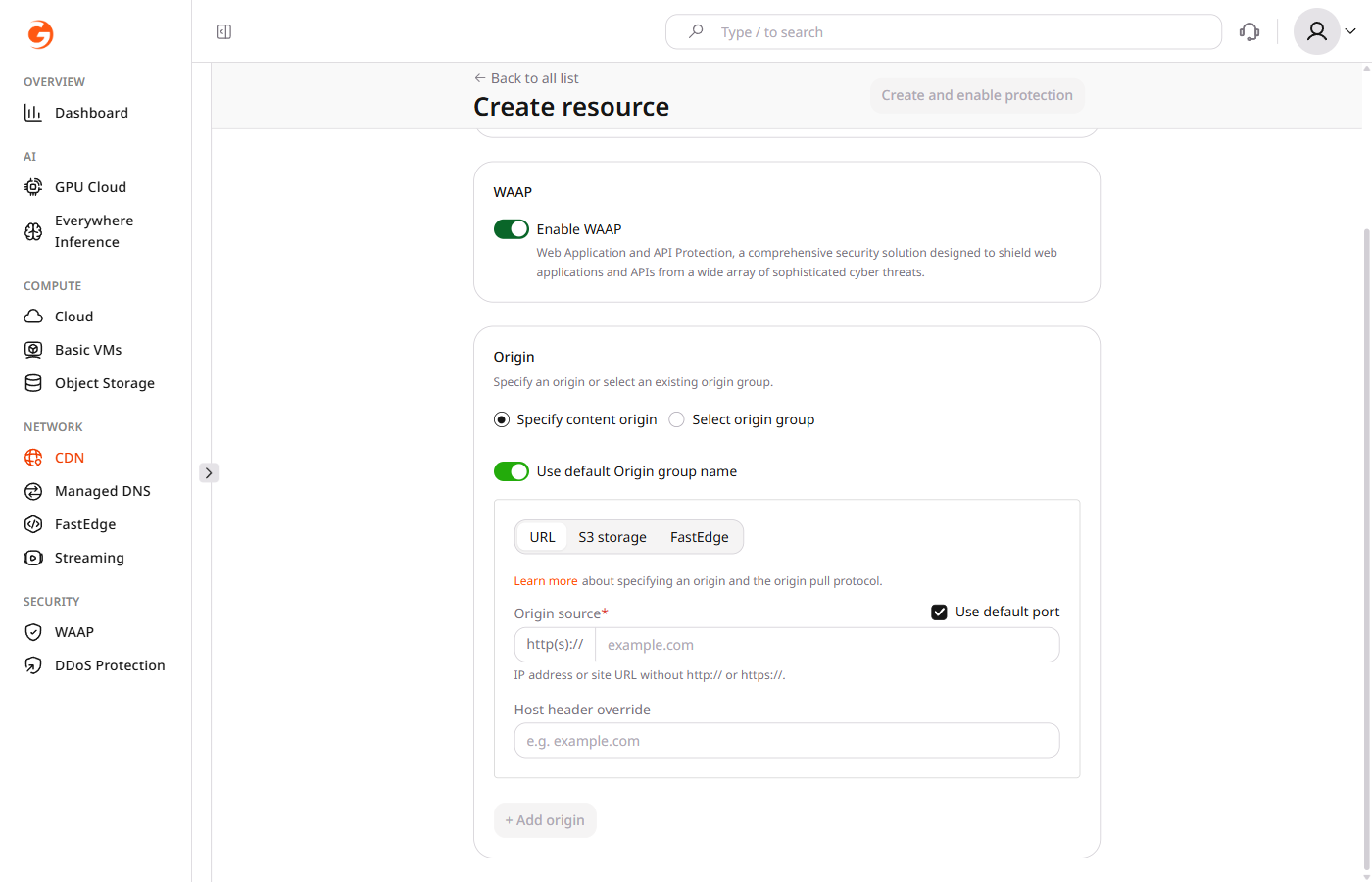 Enable WAAP toggle in CDN resource creation form