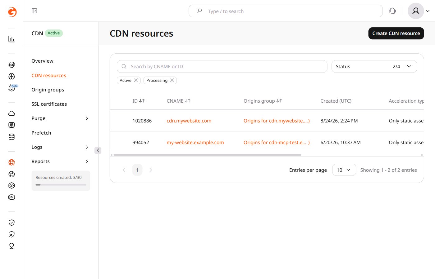 CDN resource list showing resources with CNAME values
