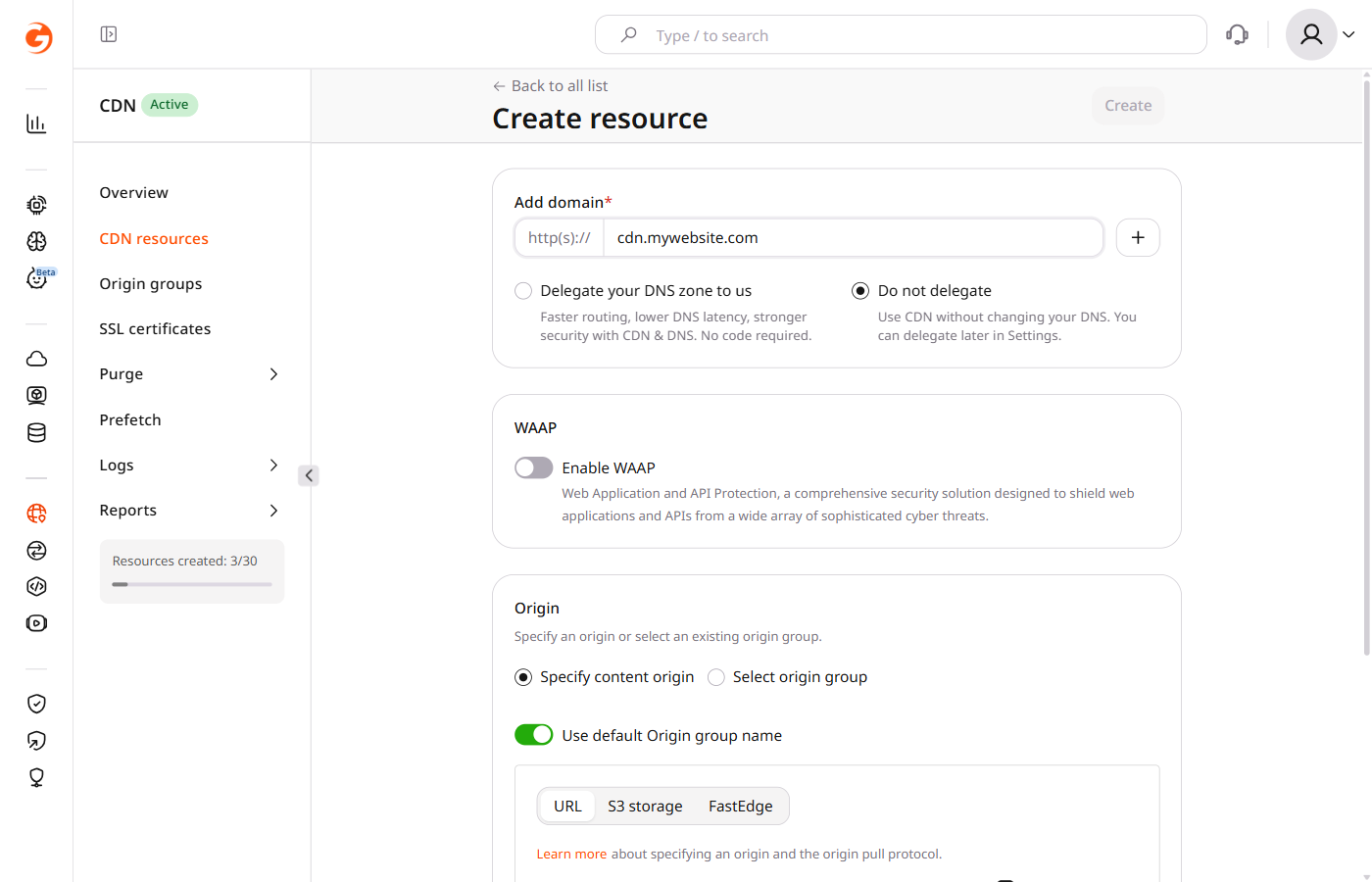 CDN resource creation form — Add domain section