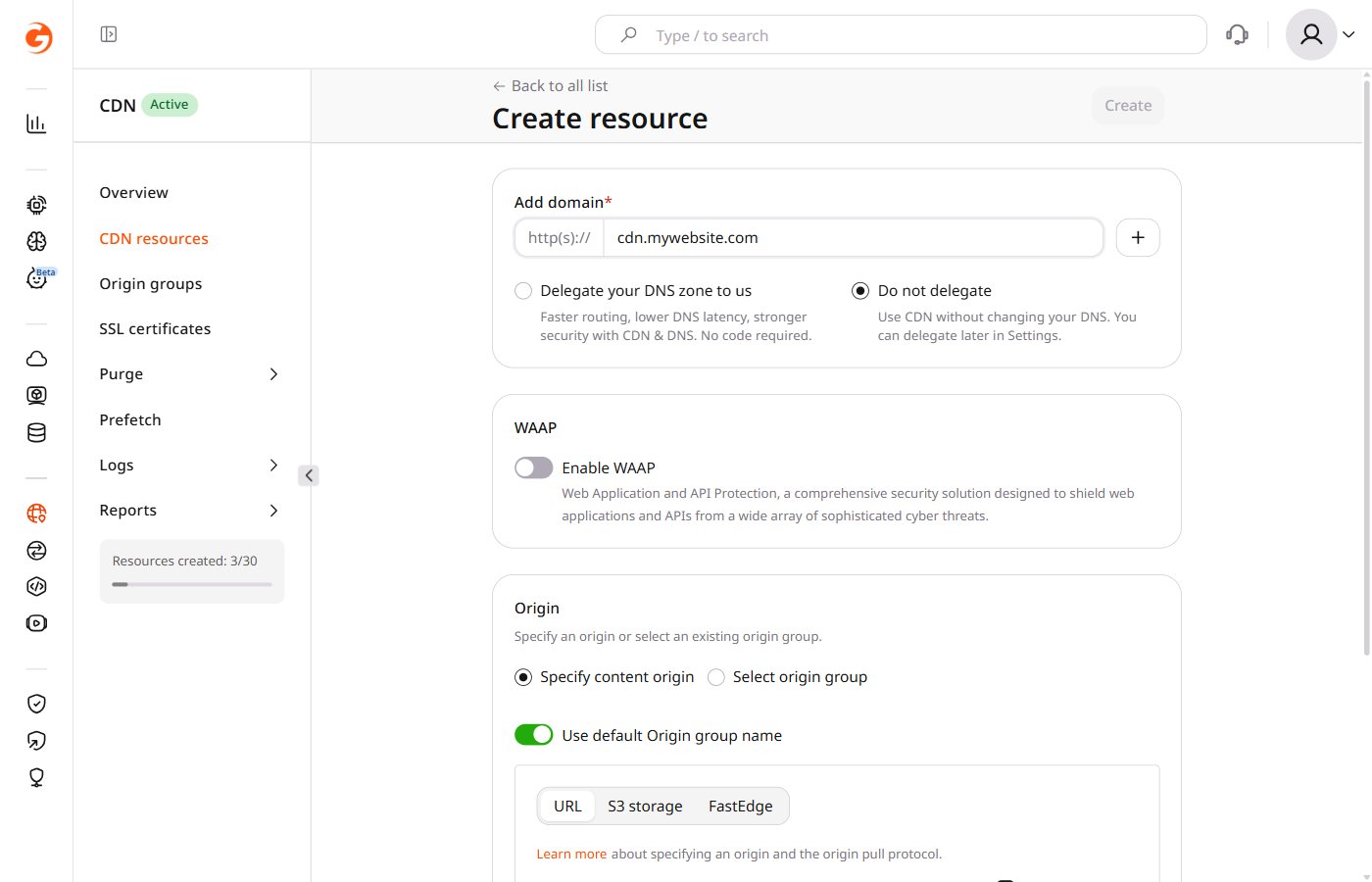 CDN resource creation form — Add domain section