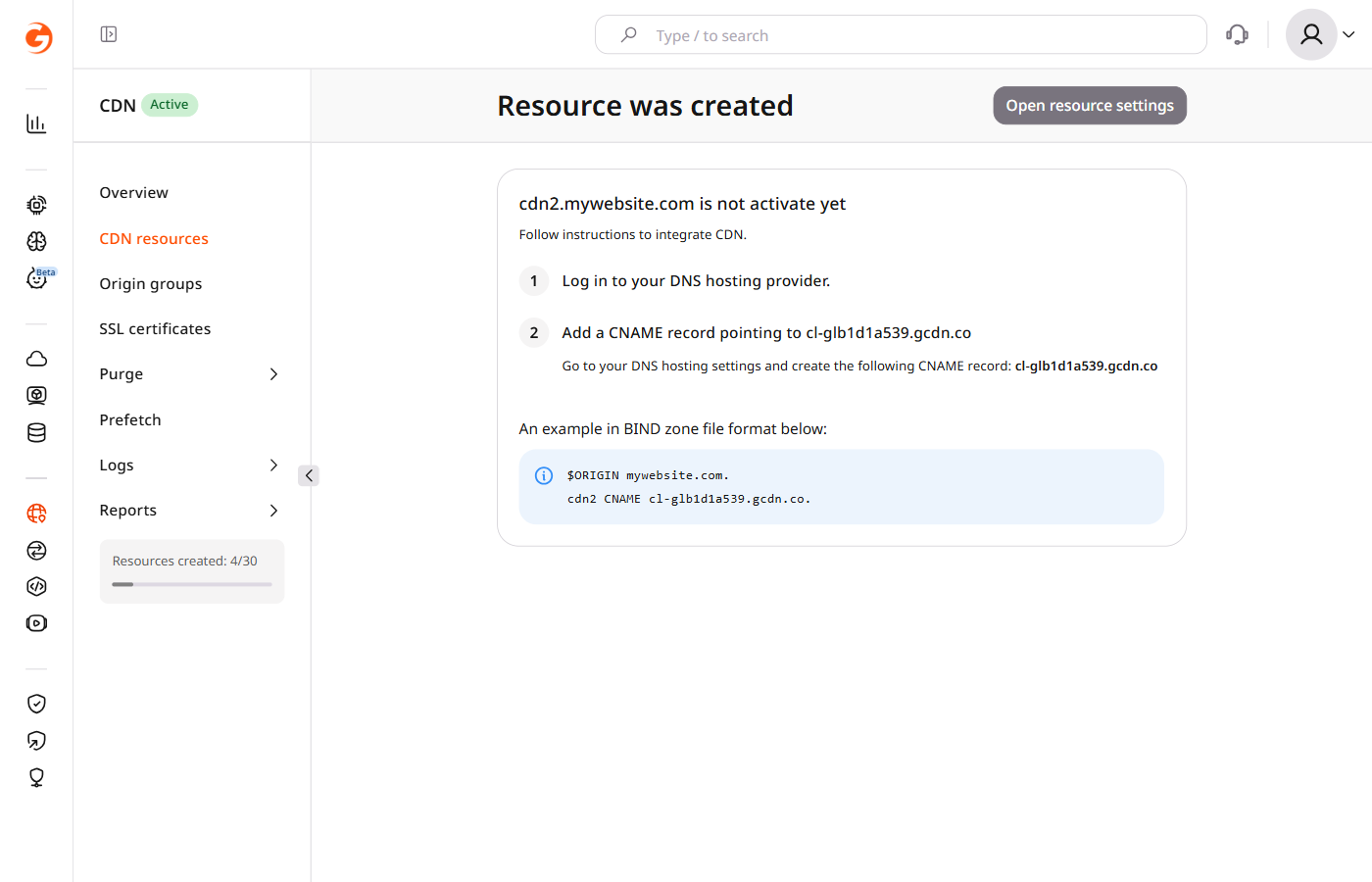 Resource was created page showing the assigned CNAME value
