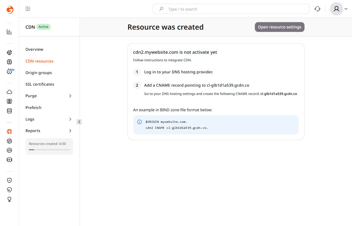 Resource was created page showing the assigned CNAME value