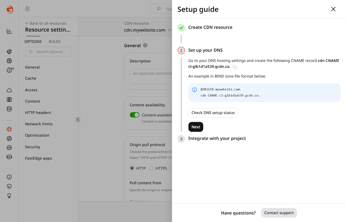 Setup guide wizard showing the Set up your DNS step