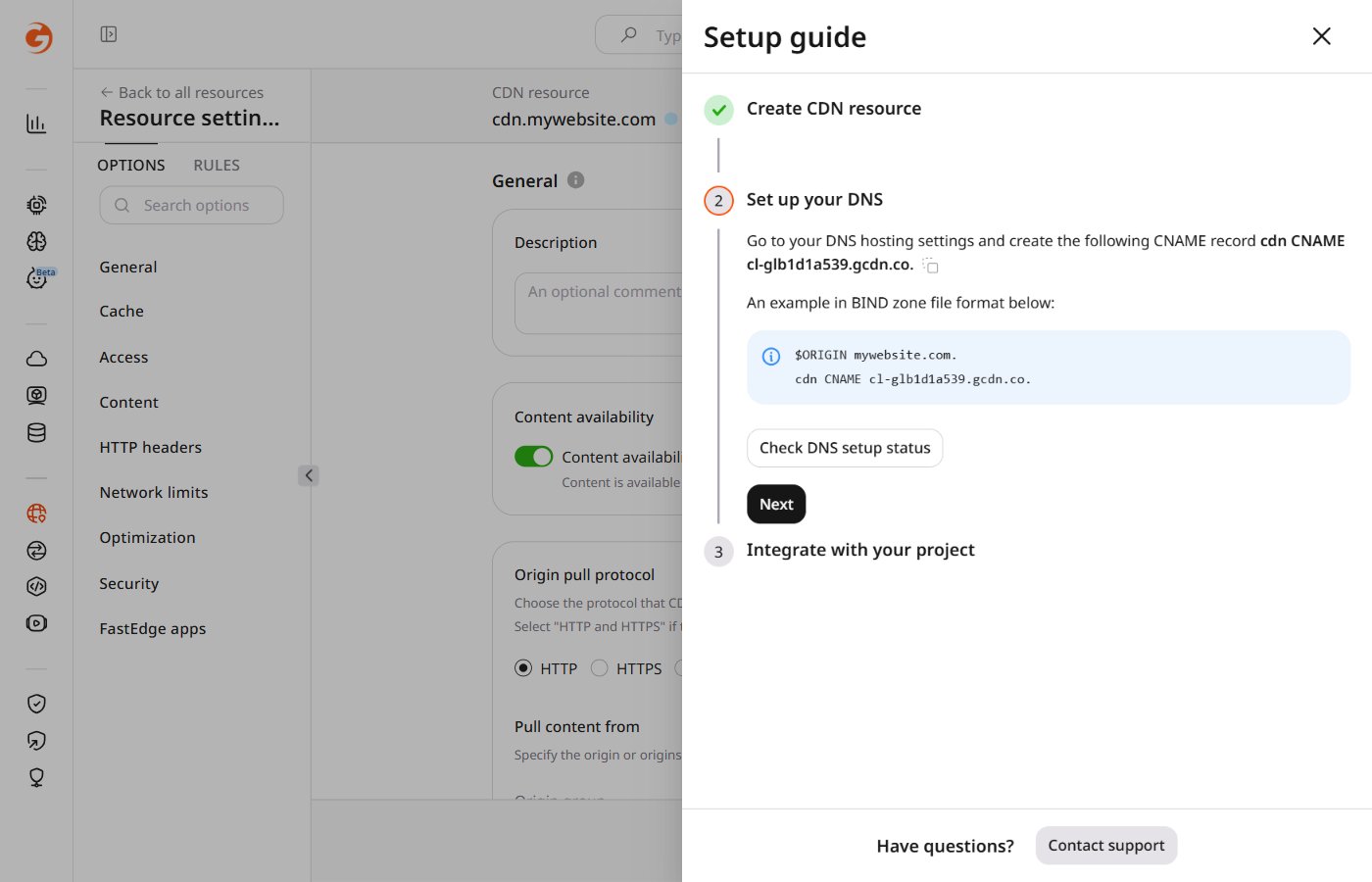 Setup guide wizard showing the Set up your DNS step