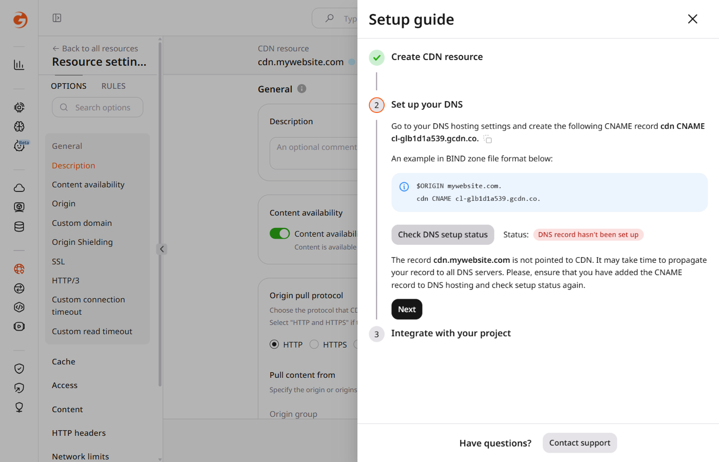 Setup guide showing DNS record has not been set up