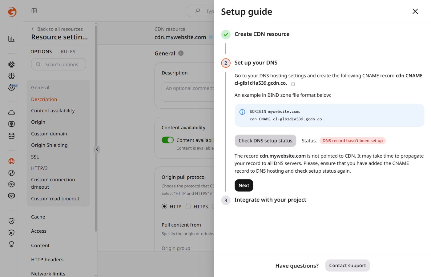 Setup guide showing DNS record has not been set up