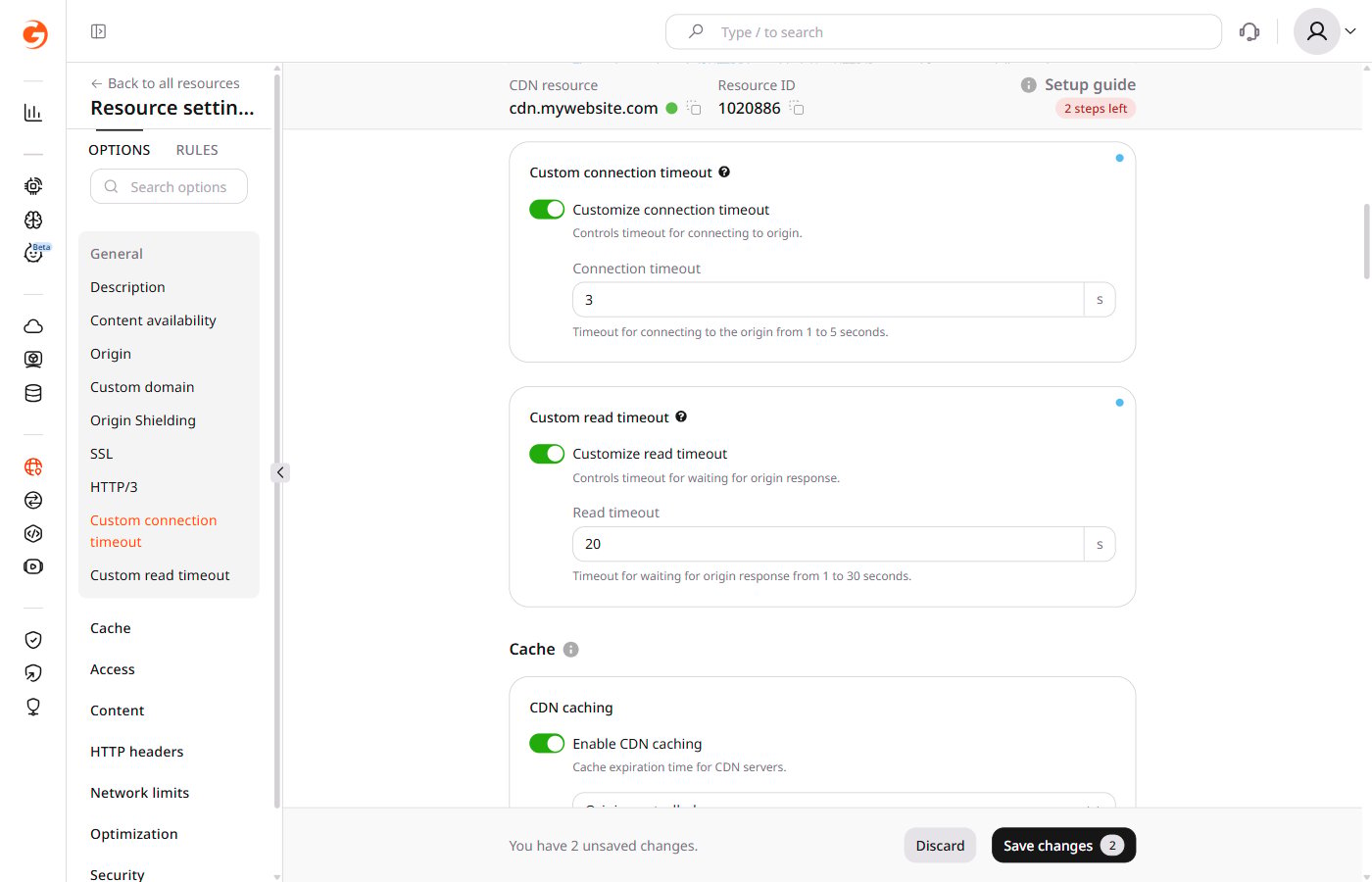 Resource settings showing both custom timeout toggles enabled with values entered