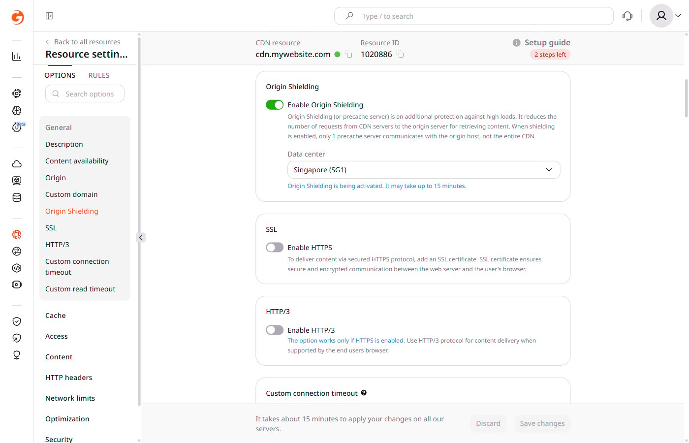 Activation notification indicating Origin Shielding is being activated