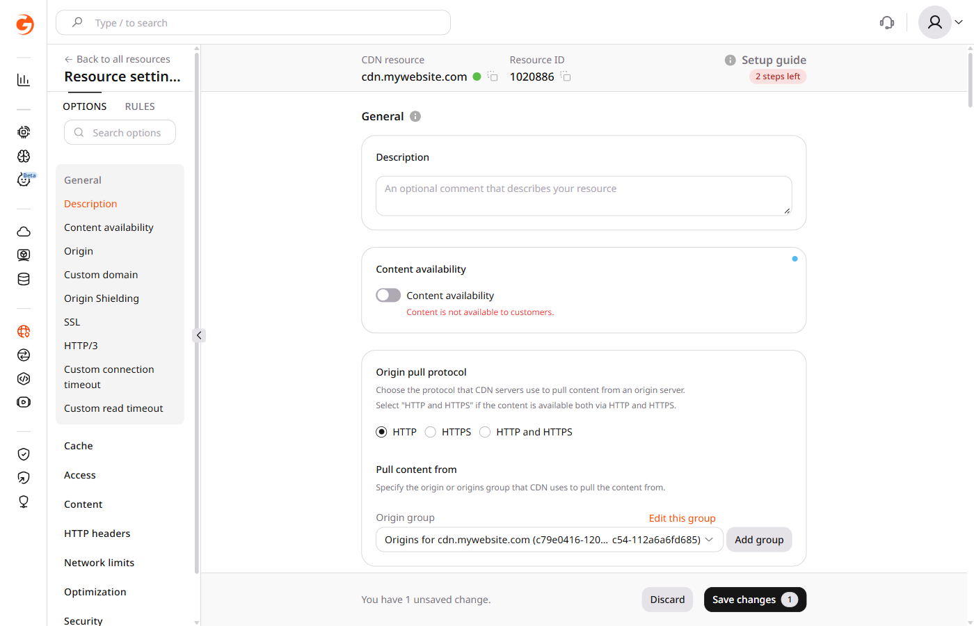 CDN resource settings with the Save changes button