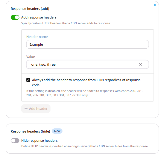 Response headers add form with comma-separated values in the Value field