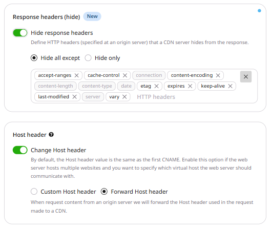 CDN resource settings with the Response headers hide option enabled, showing Hide all except and Hide only radio buttons