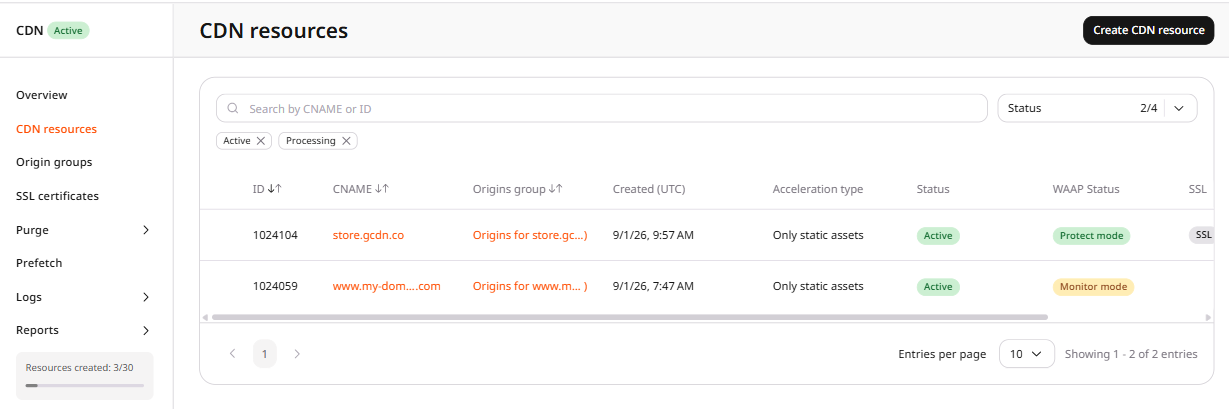 CDN resources list showing active CDN resources