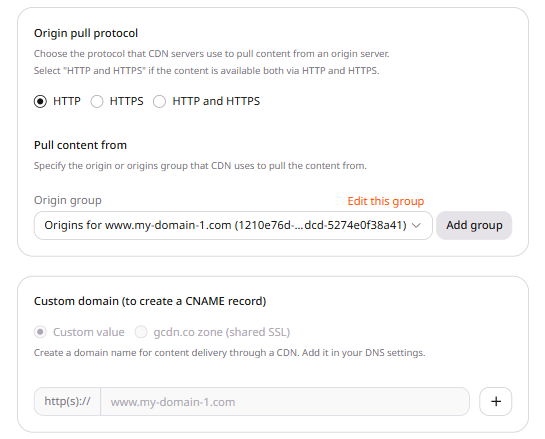 CDN resource Options tab with the HTTP headers section expanded in the left panel