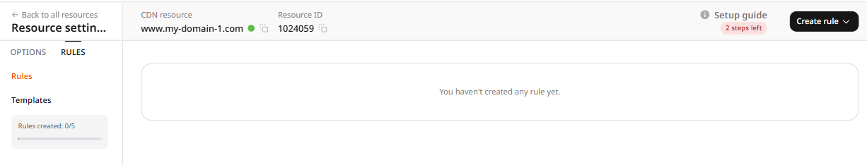 RULES tab showing the Create rule button and an empty rules list