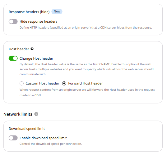 CDN resource settings, Host header section with Change Host header toggle enabled and Forward Host header selected