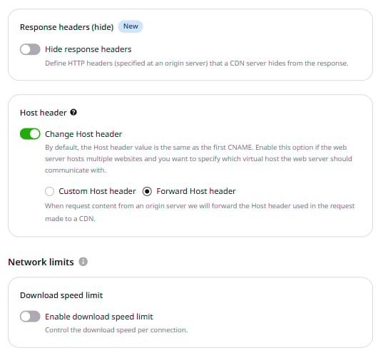 CDN resource settings, Host header section with Change Host header toggle enabled and Forward Host header selected