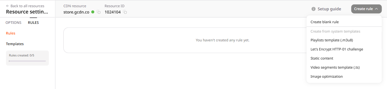 Create rule dropdown with Image optimization template selected