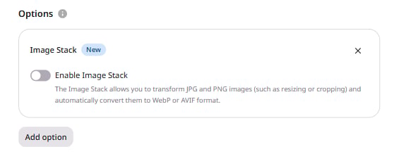 Rule creation page showing Image Stack option in the Options section