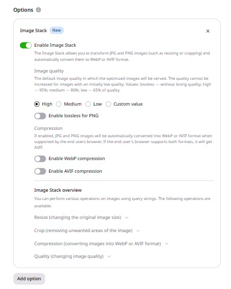 Image Stack section showing Image quality radio buttons with High selected and Enable lossless for PNG toggle