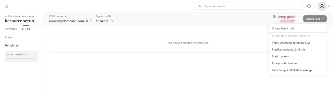 CDN resource settings showing OPTIONS and RULES tabs with Create rule button and Image optimization template in the dropdown