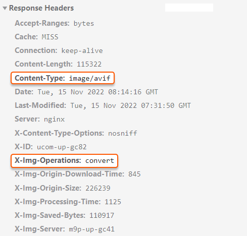 X-Img-Operations and Content-Type headers in a CDN response showing successful WebP conversion