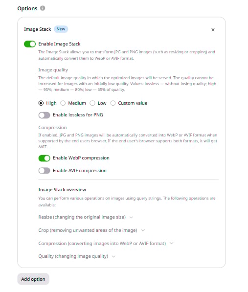 Image Stack settings with Enable WebP compression and Enable AVIF compression checkboxes