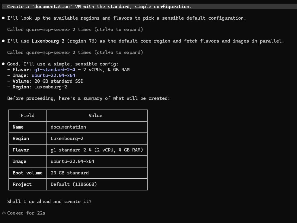Claude Code resolving region, flavor, and image automatically before asking for confirmation to create a VM