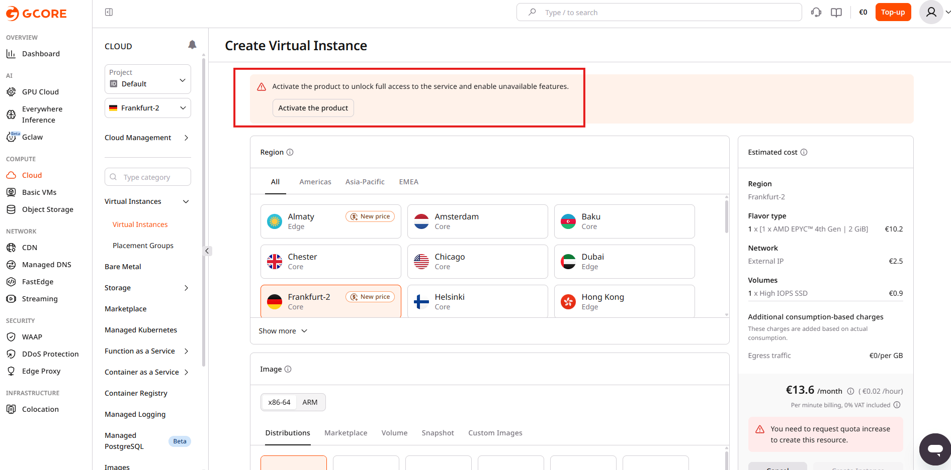 Activate the product banner on the Create Virtual Instance page