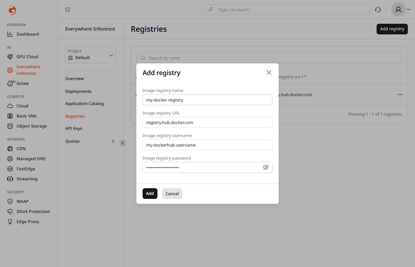 Add registry dialog filled with Docker Hub example values