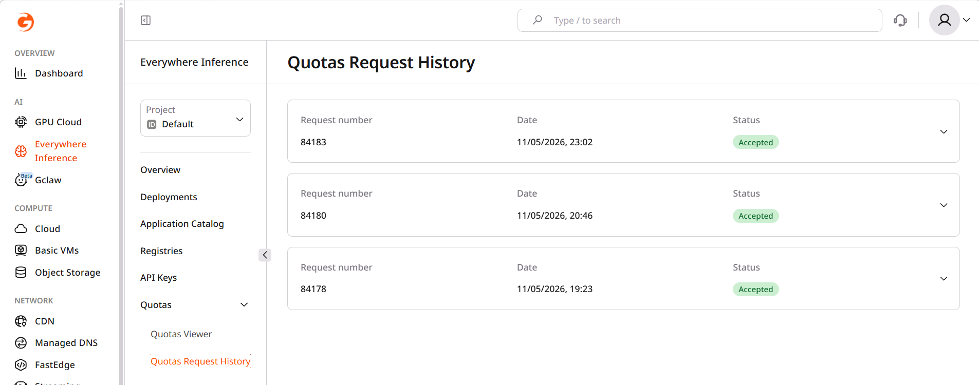 Quotas Request History page