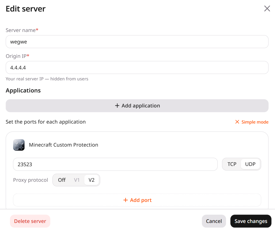 Edit server panel showing server name, origin IP, application with port and proxy protocol configuration
