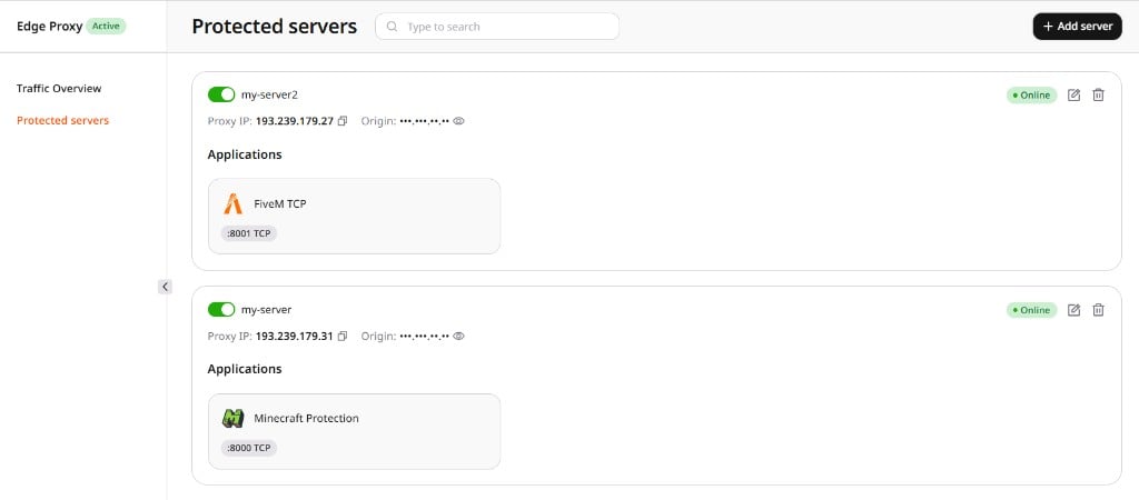 Protected servers list showing existing servers and the Add server button