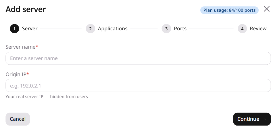 Step 1 showing Server name and Origin IP fields