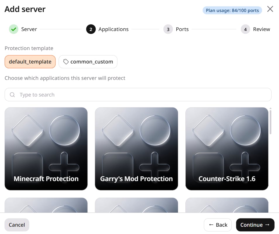 Step 2 showing protection template selector and application list