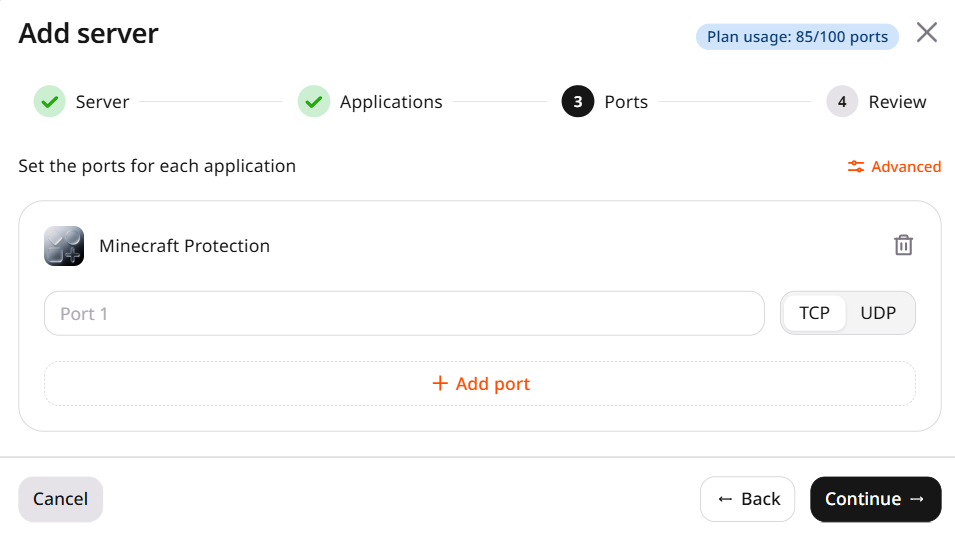 Step 3 showing port and protocol settings for Minecraft Protection